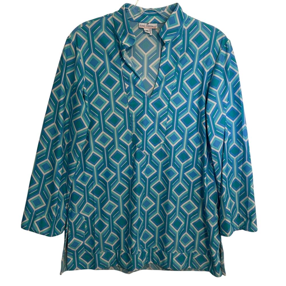 Jude Connally Geometric Top Womens Medium Aqua Blue Jude Cloth Geo Cube UPF 50+